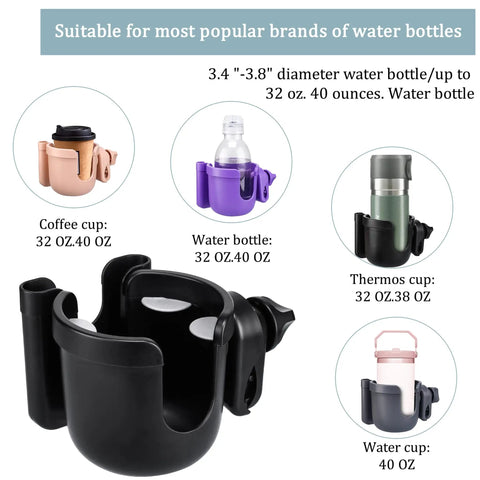 Universal Stroller Cup Holder With Phone Holder, Adjustable Drink Holder for Baby Strollers and Wheelchairs in black shown with various cups.
