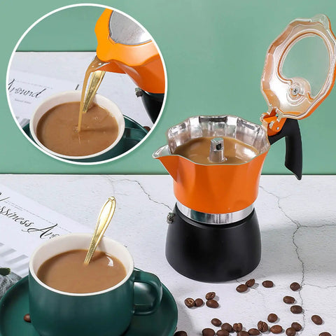 One Cup Stovetop Espresso Pot 150ml 5oz Glass Top Italian Coffee Maker For Italian And Cuban Café Brewing Travel Friendly Compact Design In Orange And Black with brewed coffee pouring into a cup