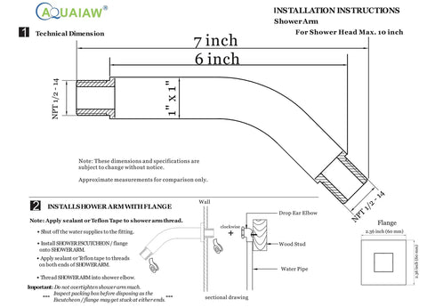 Installation diagram for Easy Install Square Shower Arm And O Ring Flange 6 Inch Solid Brass Matte Black Wall Mount Extension.