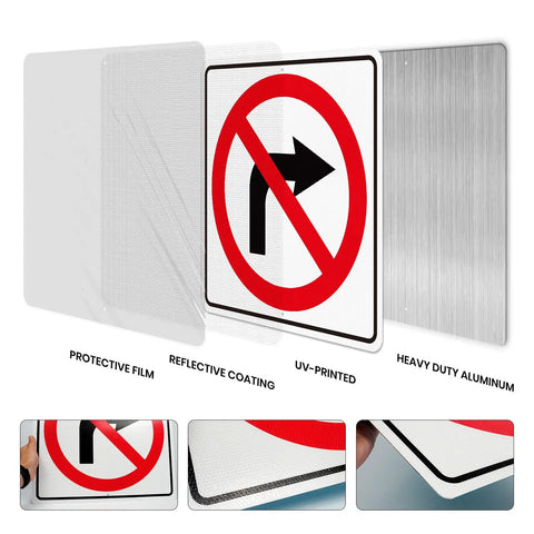 Large No Right Turn Sign 18 x 18 Inches High Visibility Reflective Aluminum Engineered Grade Safety Sign For Night Driving And Daytime Traffic In Streets Parking Lots And Work Zones, front view