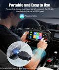 Man using OBD2 Diagnostic Tool And Code Reader For All OBDII Cars 1996 And Up, Real Time Data, Engine Fault Codes in car.