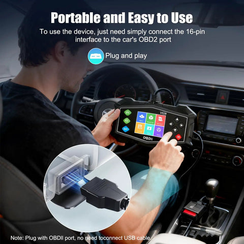 Man using OBD2 Diagnostic Tool And Code Reader For All OBDII Cars 1996 And Up, Real Time Data, Engine Fault Codes in car.