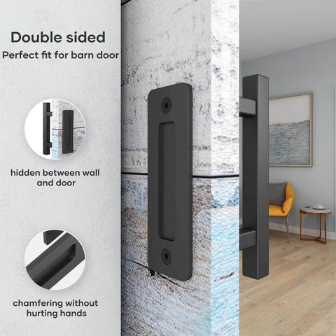 Image of 10 Inch Sliding Barn Door Pull Handle Set With Flush Hardware, Double Sided, Heavy Duty Square Design, Matte Black Powder Coated Finish, Easy Install, Solid Steel Construction, Smooth Chamfered Edges For Comfortable Grip installed on a wooden door.