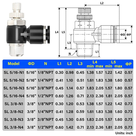 Air Flow Control Valve for Pneumatic Systems, 3/8 Inch Tube OD to 1/4 Inch NPT, Push To Connect Elbow 90 Degree Fitting, diagram