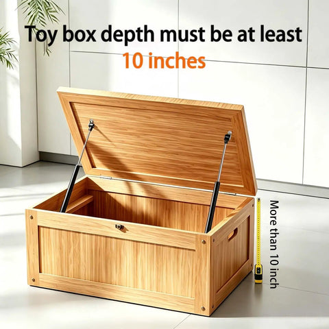 Wooden box with open lid supported by 2 Pack 15 Inch Soft Close Toy Box Hinges With Gas Strut Safety Lid Support in room