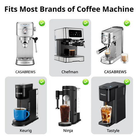 Fits most brands of coffee machines including Casabrews, Chefman, Keurig, Ninja, Tastyle with displayed drinks.