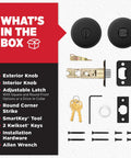 Matte Black Entry Door Knob With Lock And Key For Exterior Doors, Easy DIY Install In Minutes, SmartKey kit contents view