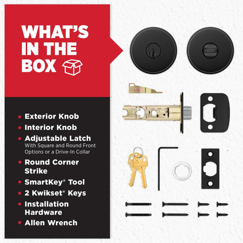 Matte Black Entry Door Knob With Lock And Key For Exterior Doors, Easy DIY Install In Minutes, SmartKey kit contents view