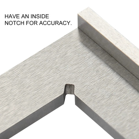 Close-up of a 4-inch engineer machinist square in brushed steel, showing an inside notch for accuracy.