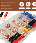 Heavy Duty Copper Wire Lugs And Ring Terminals With Heat Shrink Tubing AWG 2 4 6 8 10 12 Gauge Assortment Kit with various connectors.