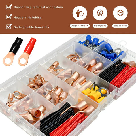 Heavy Duty Copper Wire Lugs And Ring Terminals With Heat Shrink Tubing AWG 2 4 6 8 10 12 Gauge Assortment Kit with various connectors.