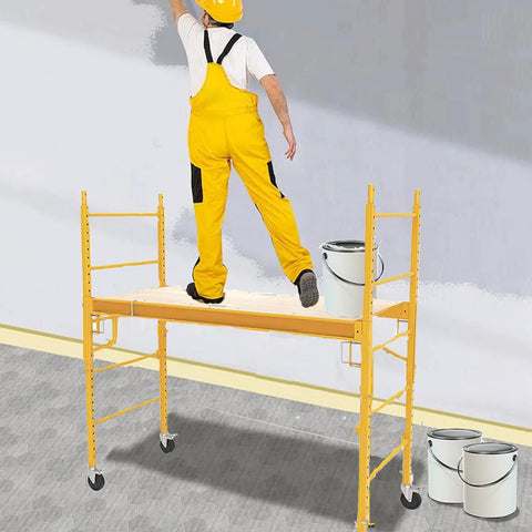 Worker on scaffold using 5 Inch Scaffolding Caster Set Of 4 With Heavy Duty Baker Wheels Dual Locking Brakes And Rubber Tires One And A Quarter Inch Square Stem Replacement For Six Foot Baker Scaffolds Each Caster Supports 440 Lbs Easy Swivel And Secure Lock.