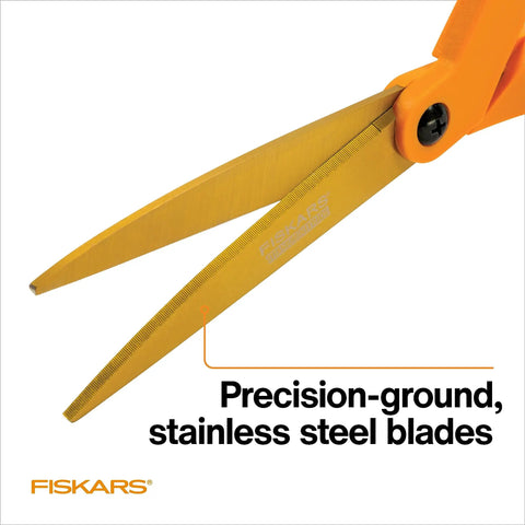 Titanium Coated Workhorse Shop Shears with serrated blades and bright orange handle for all purpose yard and garden cutting