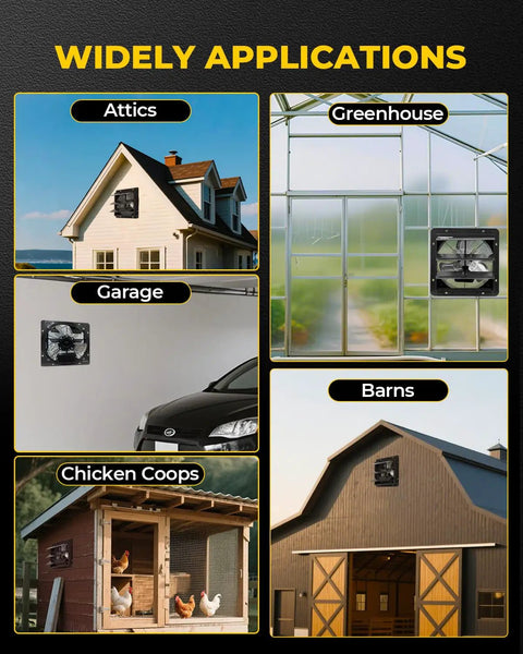 Widely applications of 14 Inch Shutter Exhaust Fan Wall Mount With Aluminum Blades in attics, greenhouses, garages, barns