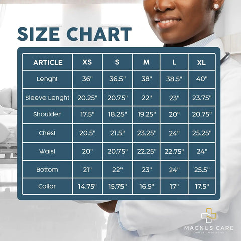 White Unisex Lab Coat For Med Pros Durable Knee Length Cotton Poly Coat For Doctors Nurses And Lab Technicians Size Chart