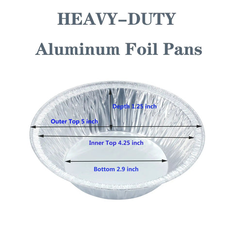 Heavy Duty 5 Inch Mini Pie Pans Pack Of 50 Disposable Aluminum Tart Tins For Baking Personal Mini Pies with dimensions shown