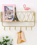 Heavy Duty Wall Mount Coat Rack Slick Steel Design For Entryway Bedroom Or Kitchen showcasing gold wire frame with hooks and shelf.