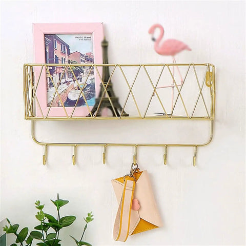 Heavy Duty Wall Mount Coat Rack Slick Steel Design For Entryway Bedroom Or Kitchen showcasing gold wire frame with hooks and shelf.