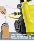 LOZAGU fluid transfer pump for standard quart bottles, yellow handheld unit with clear tubing pumping oil from a gray quart bottle