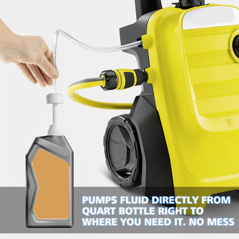 LOZAGU fluid transfer pump for standard quart bottles, yellow handheld unit with clear tubing pumping oil from a gray quart bottle