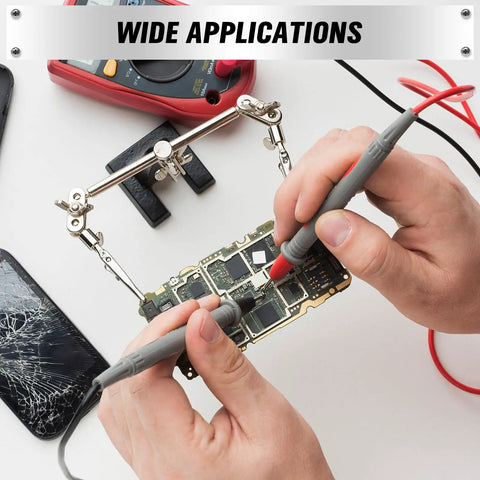 Two Piece Multimeter Test Probes Kit With Ultra Sharp Alloy Tips CAT III 1000V 20A Leads testing a circuit board