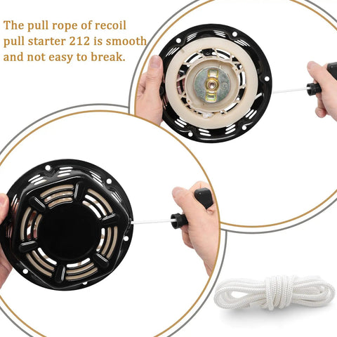 Hands showing Recoil Starter For 196cc 212cc 224cc Engines And Generators With Pull Cord Rope Fits Predator, with detached rope.