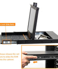 Heavy Duty Single Port Rack Mount KVM Console With A Crisp 17 Inch LCD Screen and Comfort Keys, showing auto-lock slide rails.