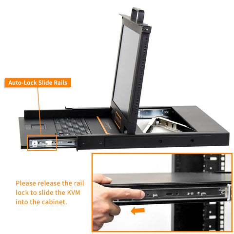 Ace Quality 1U Rack Mount Kvm Console With 17 Inch Lcd Screen Integrated Keyboard And Touchpad installation showing auto-lock slide rails and hand adjusting cabinet fit.