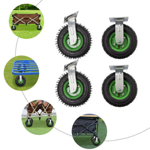 10 Inch Pneumatic Swivel Casters Set Of 4 Heavy Duty Inflatable Rubber Wheels With Galvanized Mounts 275 Lb Weight Limit Tough Terrain ready for carts and wheelbarrows.