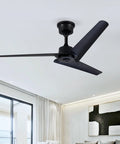 Neojoyoenix 52" Flush Mount & Rod ABS 3 Blades Ceiling Fan with Remote Control No Lights, Black, indoor view with modern design.