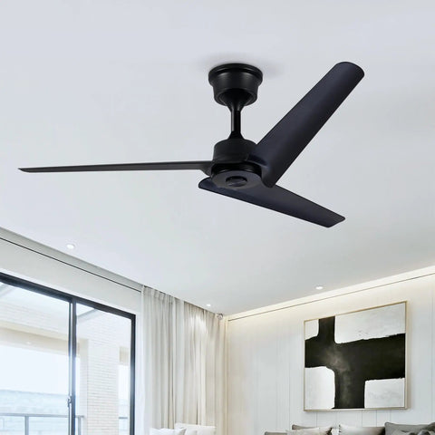 Neojoyoenix 52" Flush Mount & Rod ABS 3 Blades Ceiling Fan with Remote Control No Lights, Black, indoor view with modern design.