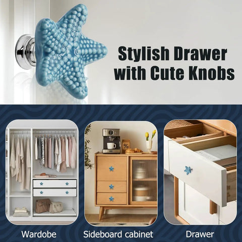 Super Snazzy Coastal Blue Ceramic Starfish Drawer Knobs 4 Pack With Solid Zinc Alloy Mounts For Kitchen Cabinet Makeover Legit Glossy Finish on drawer