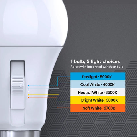 A19 LED Motion Sensor Bulb With 60W Equivalent, 5CCT Options, E26 Base, 800 Lumens, Auto On Auto Off, Smart Energy Saving Lighting For Hallways And Rooms In Any Home. Side view with 5CCT switch.
