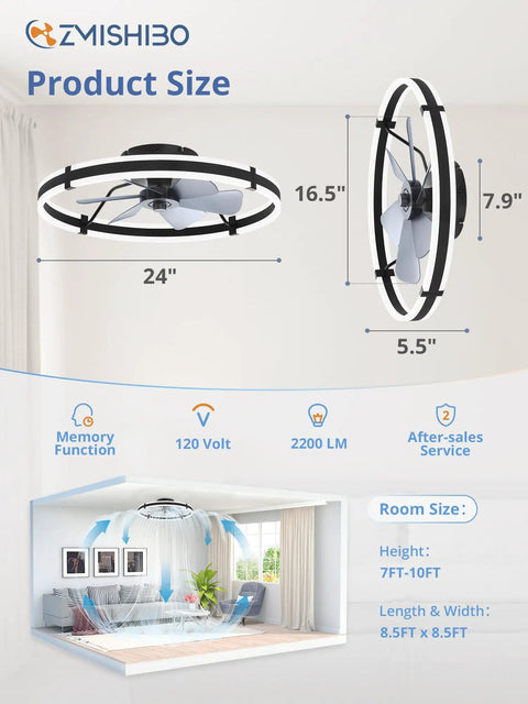 ZMISHIBO 2 Pack 24 Inch Ceiling Fans with Lights and Remote, Black dimensions showing height, width, and room size recommendations.
