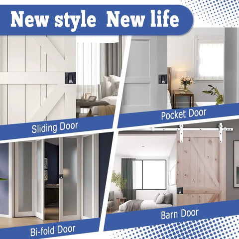 Collage of sliding, pocket, bi-fold, and barn doors in modern interiors, showcasing different door styles for home renovation.