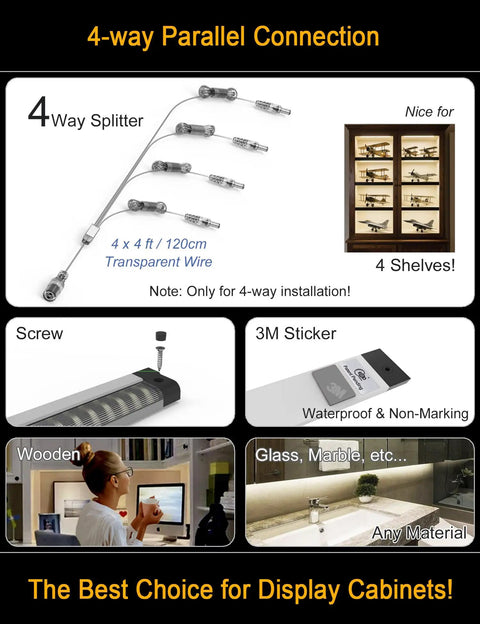 Ultra Bright LED Under Shelf Lighting For Wide Shelves 8 Panel Kit With 4 Way 1.2m Splitter installation options and cabinet display