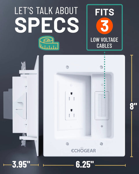 In Wall TV Cable Management Kit With Dual Outlet For Wall Mounted TVs, showing specs of cable capacity and dimensions.