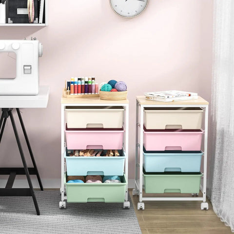 Rolling Storage Cart With Four Large Drawers And Wooden Top, Durable Powder-Coated Mobile Utility Cart On Wheels For Kitchen, Office, Garage, Or Craft Room Organization With Easy Access Storage, Rainbow Finish in a room setup