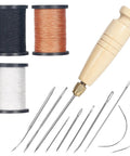Three Spool Nylon Thread Sewing Kit With Pro Grade 3 Spools Of 80 Yards In Black White And Brown Heavy Duty Needles Set Five Straight And Two Curved Sewing Awl Ideal For Upholstery Leather Shoes And DIY Crafts, shown with spools and needles.
