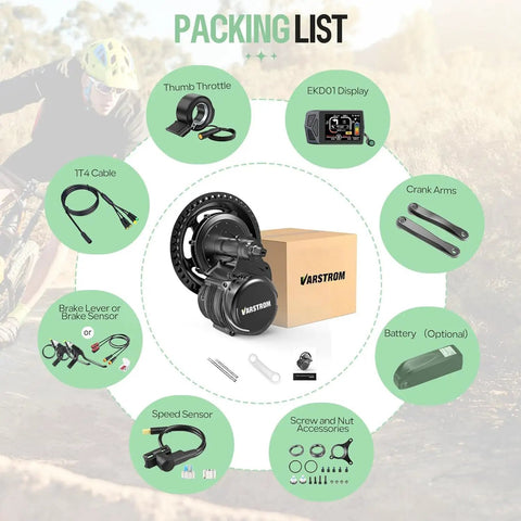 Packing list of 48V 500W, 750W And 1000W Mid Drive Ebike Motor Kit With Torque Sensor For BB 68 73mm, showing components