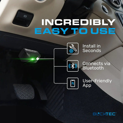 410 Bluetooth OBD2 Scanner For iPhone And Android No Sub Fee OBDII Car Code Reader plugged in car, showing install and app features.