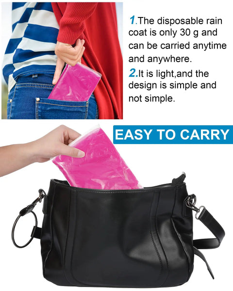 Person placing pink poncho from the 60 Pack Disposable Rain Ponchos For Adults With Hood, Emergency Waterproof Rain Gear into a bag.