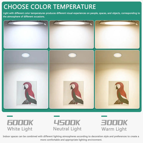 8 in IC Rated Recessed Ceiling Light, 18W 1260LM Slim Flat Panel LED Downlight, 3000K/4500K/6000K Selectable options displayed.