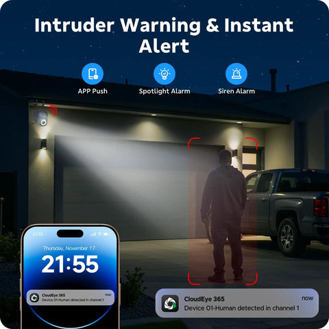 Wireless Home Security Camera System With 8 PTZ Outdoor Cameras And 16CH NVR detecting intruder at night with alerts displayed on phone.