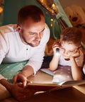 Father and son reading with Ultra Bright 500 Lumen Pocket Pen Light With Clip, AAA Powered Mini Flashlight For Quick Inspections, Repairs