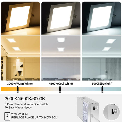 4 Pack 11 Inch Square Recessed LED Ceiling Downlights With Junction Box, 3 Color Temperature Options And Dimmable, 2200 Lumens