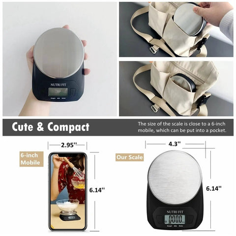 Awesome Compact Digital Food Scale For Cooking And Baking Small Kitchen Scale with measurements and mobile for size comparison