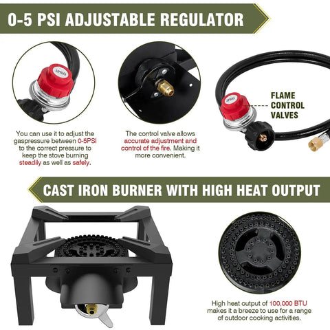 100,000 BTU High Pressure Propane Burner Stove With Heat Shield Guard, 4.1ft Regulated Hose, PSI Adjustable Regulator