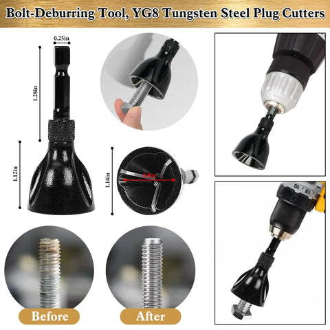 Topshelf 39 Piece Countersink Drill Bit And Wood Plug Cutter Set With Deburring Tool, YG8 tungsten steel bolt deburrer close-up view.