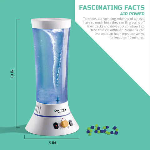 Tornado Lab STEM Kit With 5-Speed Cyclone Controller showing a mini-tornado inside a 10-inch tall clear chamber with debris pieces